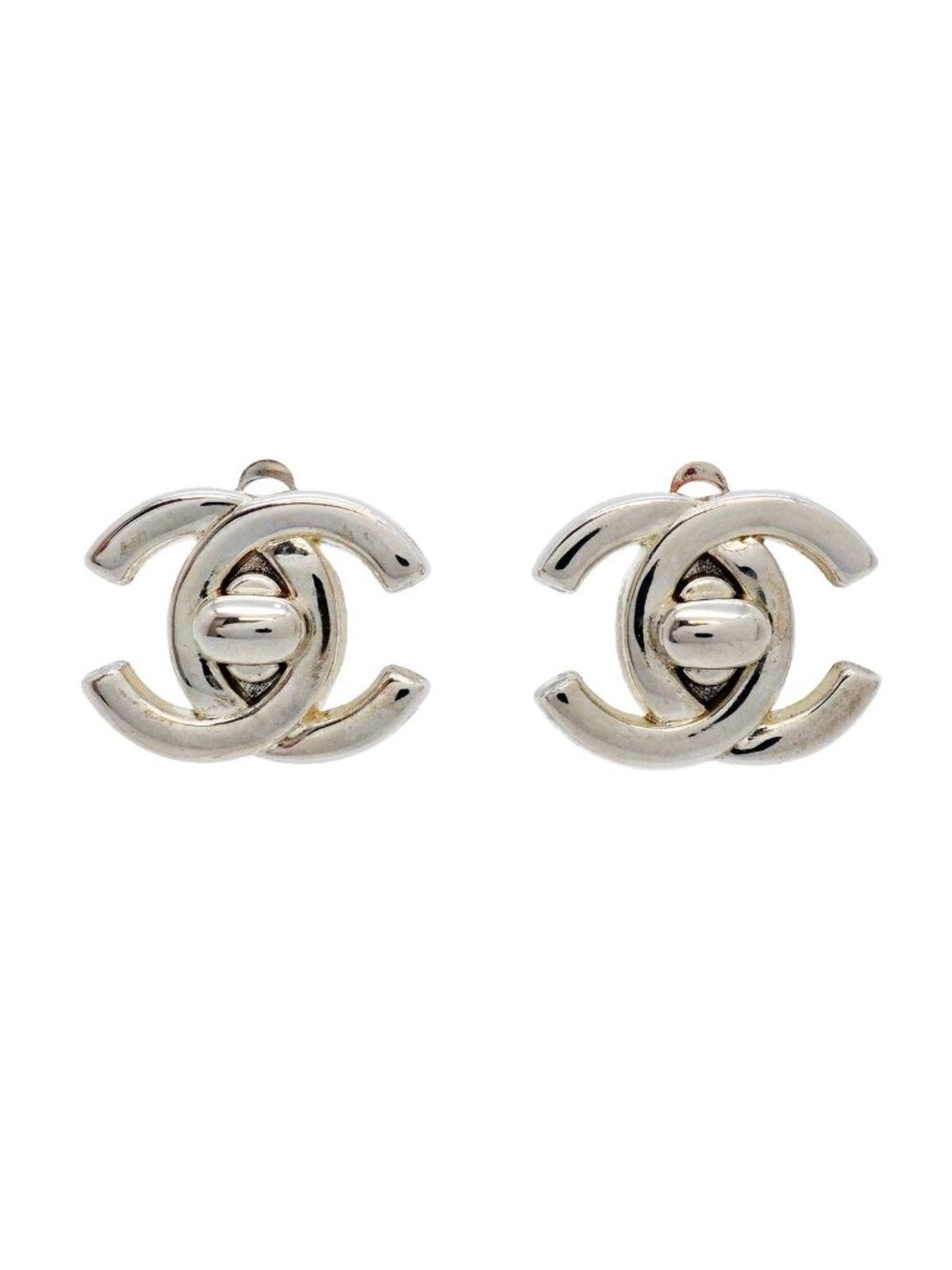 Chanel Earrings Vintage CC Logo Turnlock Metal Silver - Picture 1 of 7